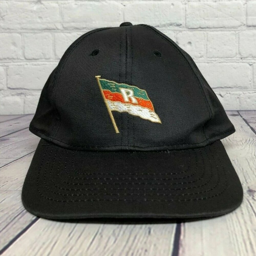 Vintage Baseball Hat R Flag Cap Embroidered Logo Strap Back Black Hook & Loop
